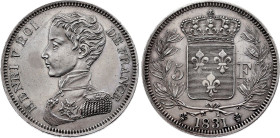 France - Henri V (1820-1883), Silver essai 5 Francs 1831 (Silver, 24.74 gr, 37 mm). Gadoury 651, Mazard 905. Extremely Fine, Obverse hairline.

The di...