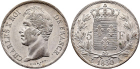France - Charles X (1824-1830), 5 Francs 1830 A (Paris mint) (Silver, 24.92 gr, 37 mm). Le Franc 311, Gadoury 644, KM 728. About Uncirculated.