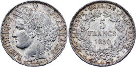 France - Second Republic (1848-1852), 5 Francs 1850 A (Paris mint) (Silver, 24.91 gr, 37 mm). Le Franc 327, Gadoury 719, KM 761. Extremely Fine.