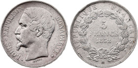 France - Second Republic (1848-1852), 5 Francs 1852 BB (Strasbourg mint) (Silver, 24.76 gr, 37 mm). Le Franc 329, Gadoury 726, KM 773. Very Fine, Clea...