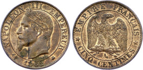 France - Napoleon III (1852-1870), 5 Centimes 1862 A (Paris mint) (Bronze, 5.00 gr, 25 mm). Le Franc 117, Gadoury 155, KM 797. About Uncirculated.