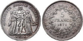 France - Third Republic (1871-1940), 5 Francs 1871 K (Bordeaux mint) (Silver, 24.93 gr, 37 mm). Le Franc 334, Gadoury 744, KM 820. Very Fine.