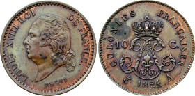 French Colonies - Louis XVIII (1815-1824), Copper essai 10 Centimes 1824 A (Paris mint) (Copper, 9.24 gr, 30 mm). KM E8. Extremely Fine.