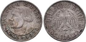 German Third Reich, 5 Reichsmark 1933 J (Hamburg mint) (Silver, 13.91 gr, 29 mm). KM 80. Very Fine.