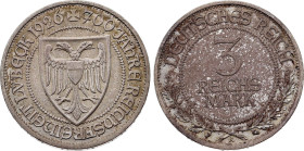 German Weimar Republic, 3 Reichsmark 1926 A (Berlin mint) (Silver, 15.14 gr, 30 mm). KM 48. Extremely Fine.
