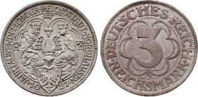 German Weimar Republic, 3 Reichsmark 1927 A (Berlin mint) (Silver, 14.99 gr, 30 mm). KM 52. Extremely Fine.