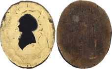 Profil sur verre églomisé (circa 1790) (Bois et résine, 14.00 gr, 45 mm). Très beau.

Provient de la collection du Docteur André Bernheim