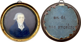 Portrait miniature, Un de nos ancêtres (circa 1792) (Cuivre, 26.00 gr, 72 mm). Superbe.

Provient de la collection du Docteur André Bernheim