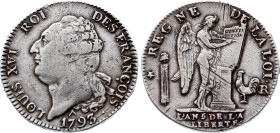 Louis XVI, Ecu de 6 Livres 1793 / An 5 R (Orléans) (Silver, 29.36 gr, 39 mm). Hennin 589, KM 615. Très beau.

Provient de la collection du Docteur And...
