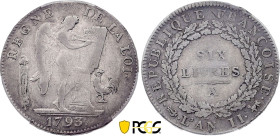 Ecu de 6 Livres 1793 / An II A (Paris) (Argent, 29.35 gr, 39 mm). Hennin 598, KM 624. PCGS VF30