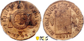 Sol 1793 / An II W (Lille) (0.00 gr, 0 mm). Hennin 601. PCGS UNC Details (Environmental Damage)