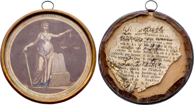 Vignette cartonnée polychrome sous verre représentant la Justice (circa 1793) (7...