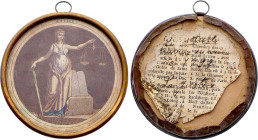 Vignette cartonnée polychrome sous verre représentant la Justice (circa 1793) (74 mm).