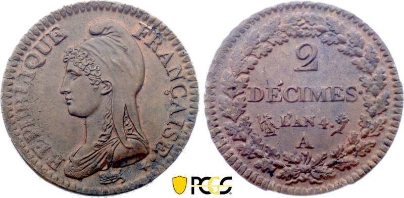 2 Décimes An 4 (1796) A (Paris) (Cuivre, 20.00 gr, 32 mm). Hennin 749, KM 638. P...