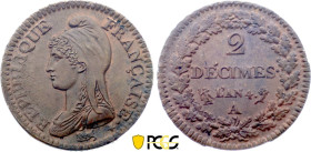 2 Décimes An 4 (1796) A (Paris) (Cuivre, 20.00 gr, 32 mm). Hennin 749, KM 638. PCGS MS63 BN