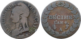 Décime An 4 (1796) A (Paris) (Cuivre, 9.46 gr, 27 mm). Hennin 750, KM 636.