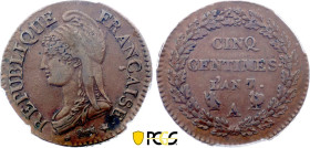5 Centimes An 7 sur 5 (1799) A (Paris) (Cuivre, 10.00 gr, 28 mm). Hennin 917, KM 640. PCGS AU55 BN

Variété avec la surfrappe du coq sur la corne d'ab...
