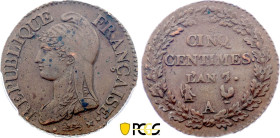 5 Centimes An 7 sur 5 (1799) A (Paris) sur R (Orleans) (Cuivre, 10.00 gr, 28 mm). Hennin 917, KM 640. PCGS MS62 BN