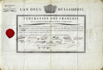 [GARDES NATIONALES; FÊTE DE LA FÉDÉRATION]. Constituante (1789-1791).

Certificat de détachement des Gardes Nationales accordé par les Électeurs du ...