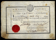 [PAPE; COMTAT VENAISSIN]. Directoire (1795-1799).
Carte d'Entrée, permettant à la Citoyenne Amélie SCIEZ d'entrer dans les appartements du Pape en se ...