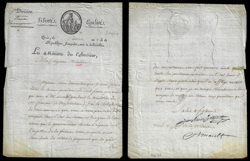 [MINISTRE DE L'INTERIEUR; AUTRICE; BONAPARTE]. Directoire (1795-1799).
P.S. Lett...