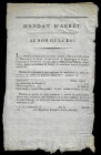 [MANDAT D'ARRET; INDRE]. Directoire (1795-1799).
épreuve vierge d'un Mandat d'Arrêt du Département de l'Indre. Quelques déchirures habituelles et un p...