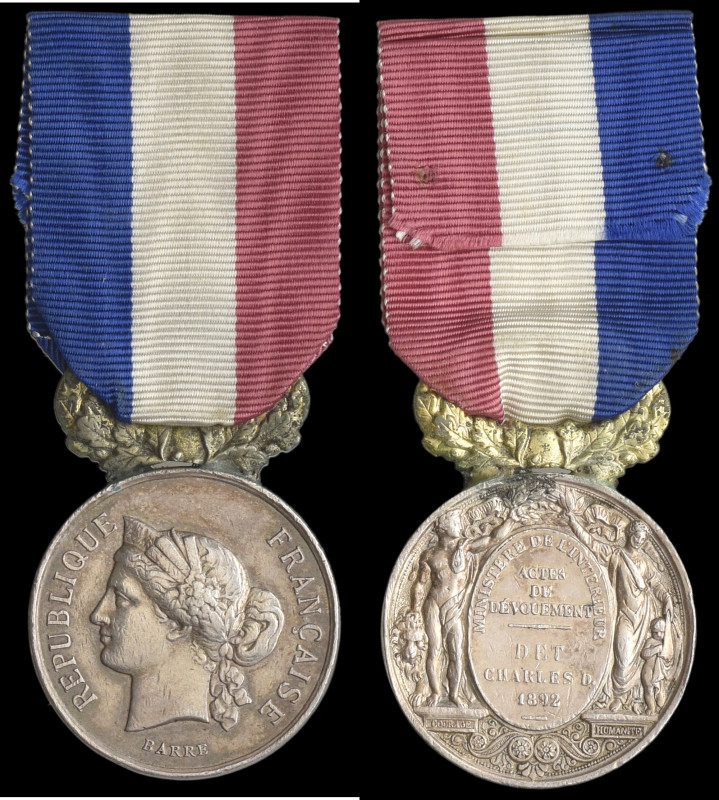 Third Republic, Ministry of the Interior, First Class, silver Lifesaving Medal w...