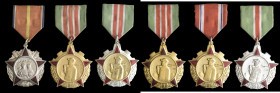 North Korea, Order of Coal and Mining Industry Service Honour, First (3) Second and Third Class breast badges, one First Class with incorrect riband; ...