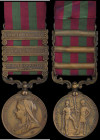 India General Service, 1895-1902, bronze issue, 3 clasps, Punjab Frontier 1897-98, Samana 1897, Tirah 1897-98, engraved in a running script (272. Mate...