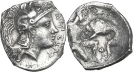 Greek Italy. Northern Apulia, Arpi. AR Diobol, c. 325-275 BC. Obv. APΠ CEΠTI. Head of Athena right, wearing Attic helmet decorated with hippocamp; Δ o...