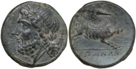 Greek Italy. Northern Apulia, Arpi. AE Unit, c. 325-275 BC. Obv. Laureate head of Zeus left; behind, thunderbolt. Rev. Wild boar right; above, spearhe...