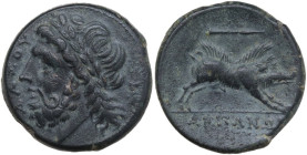 Greek Italy. Northern Apulia, Arpi. AE Unit, c. 325-275 BC. Obv. ΔΑΙΟΥ. Laureate head of Zeus left; behind, thunderbolt. Rev. Wild boar right; above, ...