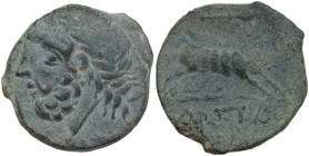 Greek Italy. Northern Apulia, Arpi. AE Unit, c. 325-275 BC. Obv. Laureate head of Zeus left; behind, thunderbolt. Rev. Wild boar right; above, spearhe...