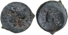 Greek Italy. Northern Apulia, Arpi. AE 13.5 mm (Hemiobol?), c. 325-275 BC. Obv. Laureate head of Zeus left; thunderbolt behind. Rev. APΠA. Head of boa...