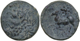 Greek Italy. Northern Apulia, Arpi. AE 17 mm. c. 325-275 BC. Obv. Laureate head of Zeus left. Rev. Horse rearing left; star of twelve rays above, mono...