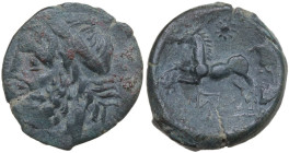 Greek Italy. Northern Apulia, Arpi. AE 17 mm. c. 325-275 BC. Obv. Laureate head of Zeus left. Rev. Horse rearing left; star of ten rays above, monogra...