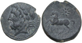Greek Italy. Northern Apulia, Arpi. AE 18 mm. c. 325-275 BC. Obv. Laureate head of Zeus left. Rev. Horse rearing left; star of eight rays above, monog...