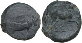 Greek Italy. Northern Apulia, Arpi. AE 21 mm. c. 275-250 BC. Obv. Bull charging right. Rev. Horse rearing right; below, E. HGC 1 535; HN Italy 645; Cf...