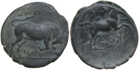 Greek Italy. Northern Apulia, Arpi. AE 20.5 mm. c. 275-250 BC. Obv. APΠA/NOY. Bull charging right. Rev. [APΠA]/NOY. Horse rearing right; below, E retr...