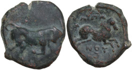 Greek Italy. Northern Apulia, Arpi. AE 21 mm. c. 275-250 BC. Obv. Bull charging right; below, traces of letter. Rev. APΠA/NOY. Horse rearing right; be...