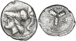 Greek Italy. Northern Apulia, Arpi. AR Triobol, c. 215-212 BC. Obv. Helmeted head of Athena left. Rev. AP-Π-A. Three barley-ears conjoined at the stem...