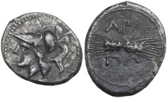 Greek Italy. Northern Apulia, Arpi. AR Diobol, c. 215-212 BC. Obv. Head of Athena left, wearing Corinthian helmet. Rev. ΑΡΠΑ. Two conjoined grain ears...