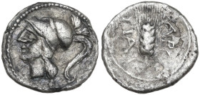 Greek Italy. Northern Apulia, Arpi. AR Obol, c. 215-212 BC. Obv. Head of Athena left, helmeted. Rev. ΑΡ-ΠΑ. Barley-ear. HN Italy 648. AR. 0.69 g. 11.0...