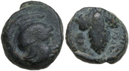 Greek Italy. Northern Apulia, Arpi. AE 13 mm, c. 215-212 BC. Obv. Head of Athena right, wearing Attic helmet. Rev. ΑΡΠΑ-ΝΟΥ. Grape bunch. HN Italy 650...