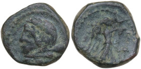 Greek Asia. Northern Apulia, Ausculum. AE 13 mm, c. 240 BC. Obv. Head of Herakles left wearing lion's skin headdress, club at shoulder. Rev. ΑΥCΚΛΑ. N...
