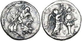 Northern Apulia, Luceria. Archaic L series. AR Victoriatus, Luceria mint, 211 BC. Obv. Laureate head of Jupiter right, hair falling in three neat ring...