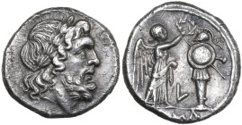 Northern Apulia, Luceria. Archaic L series. AR Victoriatus, Luceria mint, 210 BC. Obv. Laureate head of Jupiter right; all within border of dots. Rev....