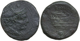 Northern Apulia, Luceria. First heavy L series. AE Sextans, c. 214-212 BC. Obv. Head of Mercury right, wearing petasos; above, two pellets. Rev. Prow ...