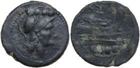 Greek Italy. Northern Apulia, Luceria. Third L series. AE Triens, c. 211-208 BC. Obv. Head of Minerva right, wearing Corinthian helmet; above, four pe...