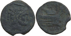 Northern Apulia, Luceria. Fourth L series. AE As, c. 206-195 BC. Obv. Laureate head of Janus; above, horizontal I; below, L. Rev. Prow right; aboveI; ...
